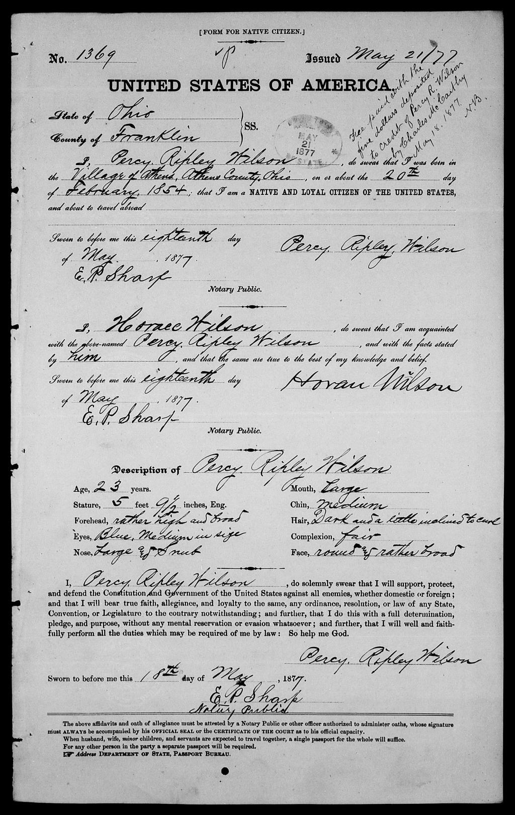 Passport application for Percy Ripley Wilson