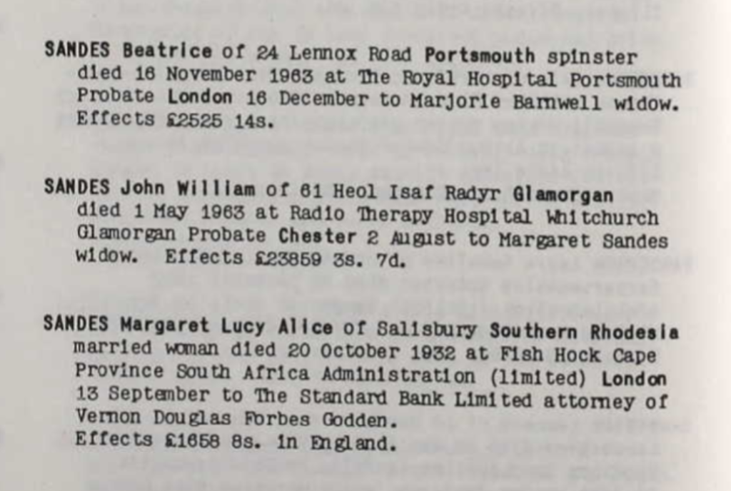 Probate record for Beatrice Sandes, John William Sandes and Margaret Lucy Alice Crosby
