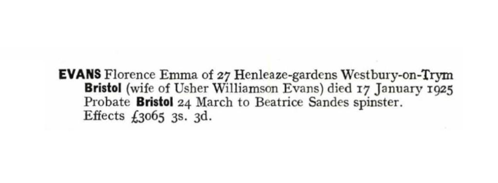 Probate record for Florence Emma Appleton. 