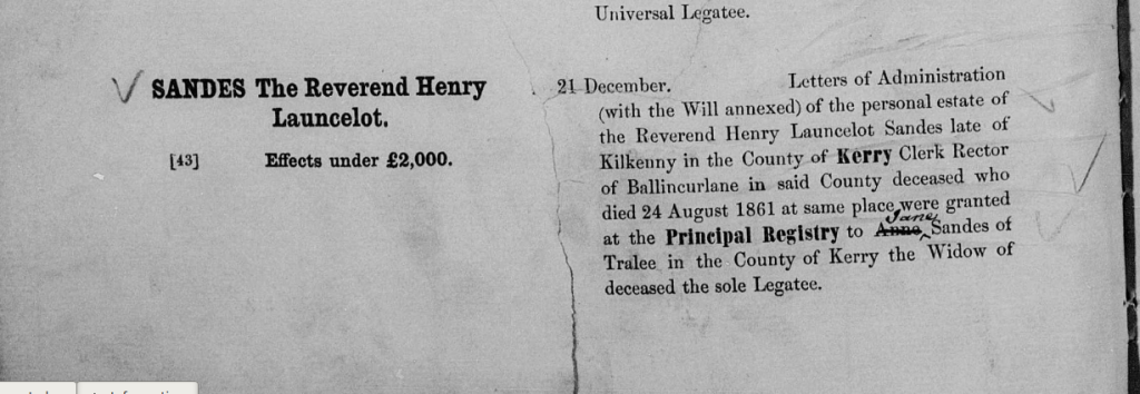 Probate record for Henry Lancelot Sandes