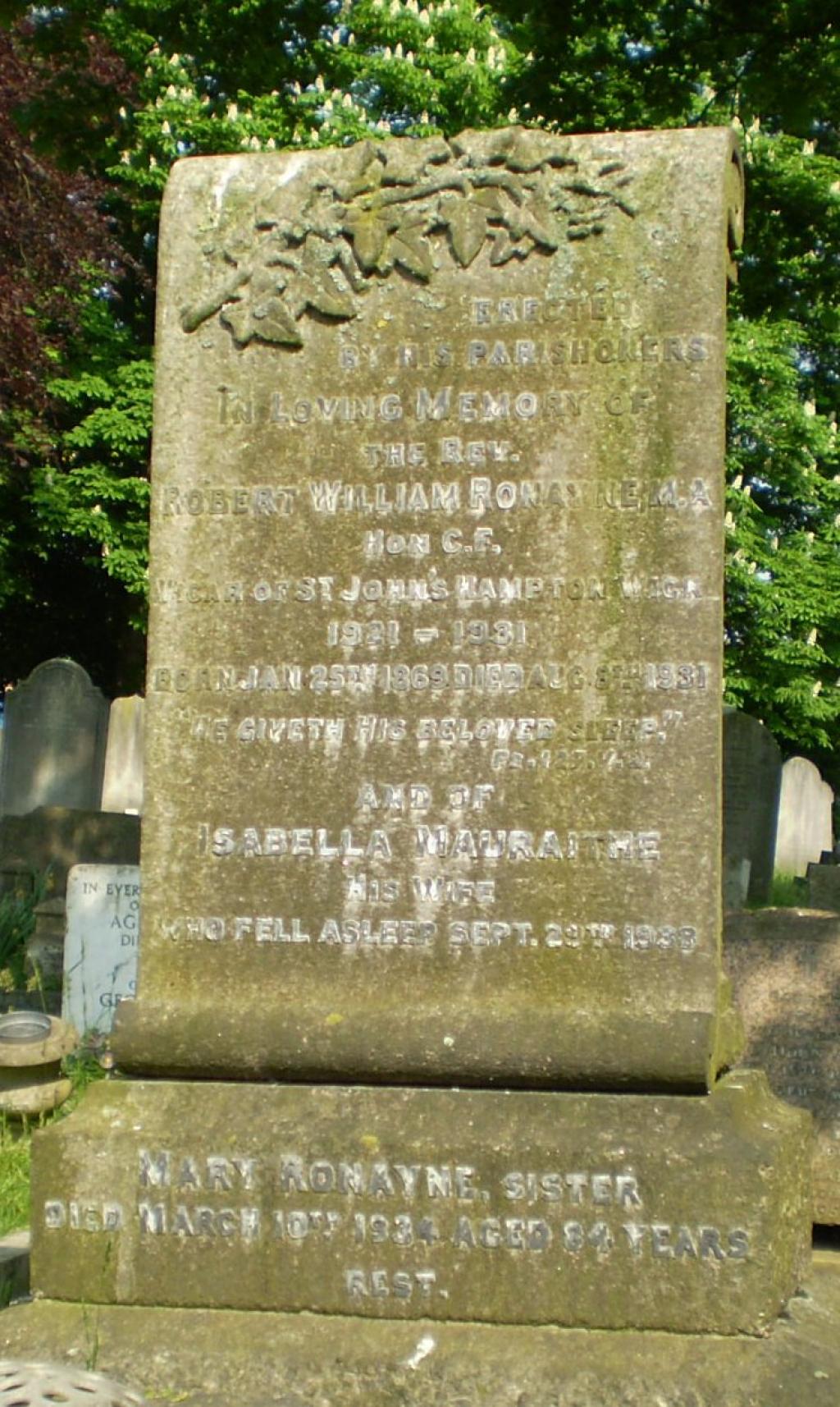 Headstone of Robert William Ronayne and Isabella Mauraithe Sandes