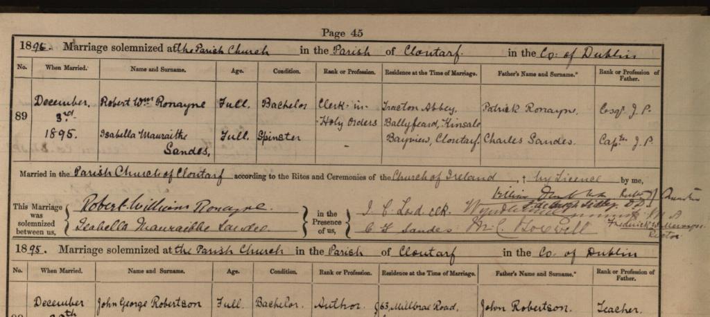 Marriage record for Robert William Ronayne and Isabella Mauraithe Sandes
