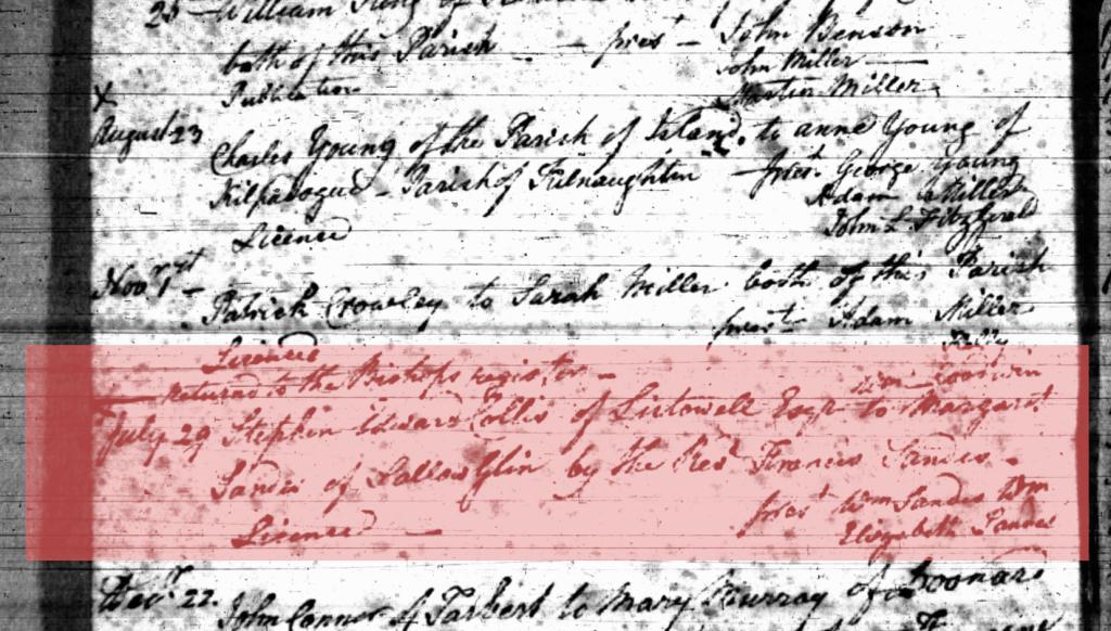 Marriage record for Stephen Edward Collis and Margaret Sandes