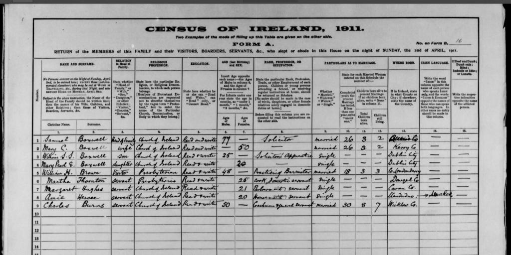 1911 Irish census record for Samuel Boxwell and Mary Constance Sandes