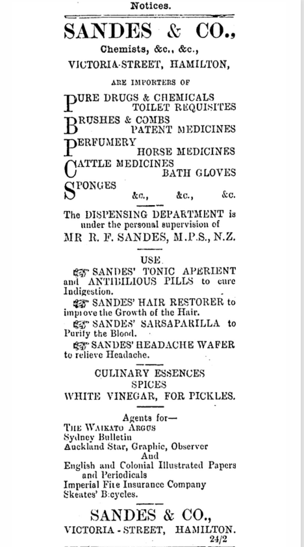 In 1876 Robert Sandes moved to Hamilton where he practised as a chemist and dentist for many years.