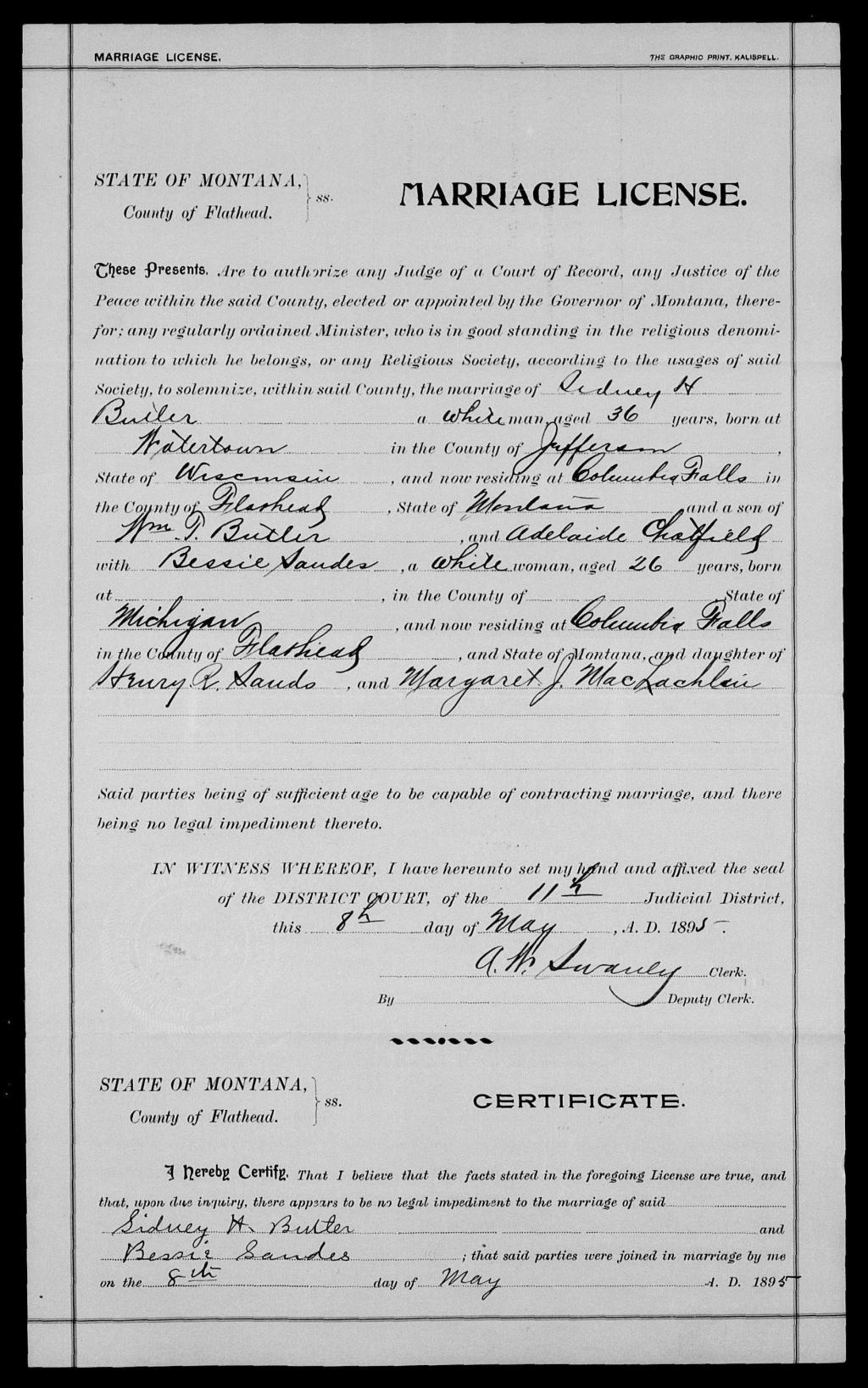 Marriage license Sydney H Butler and Bessie Sandes