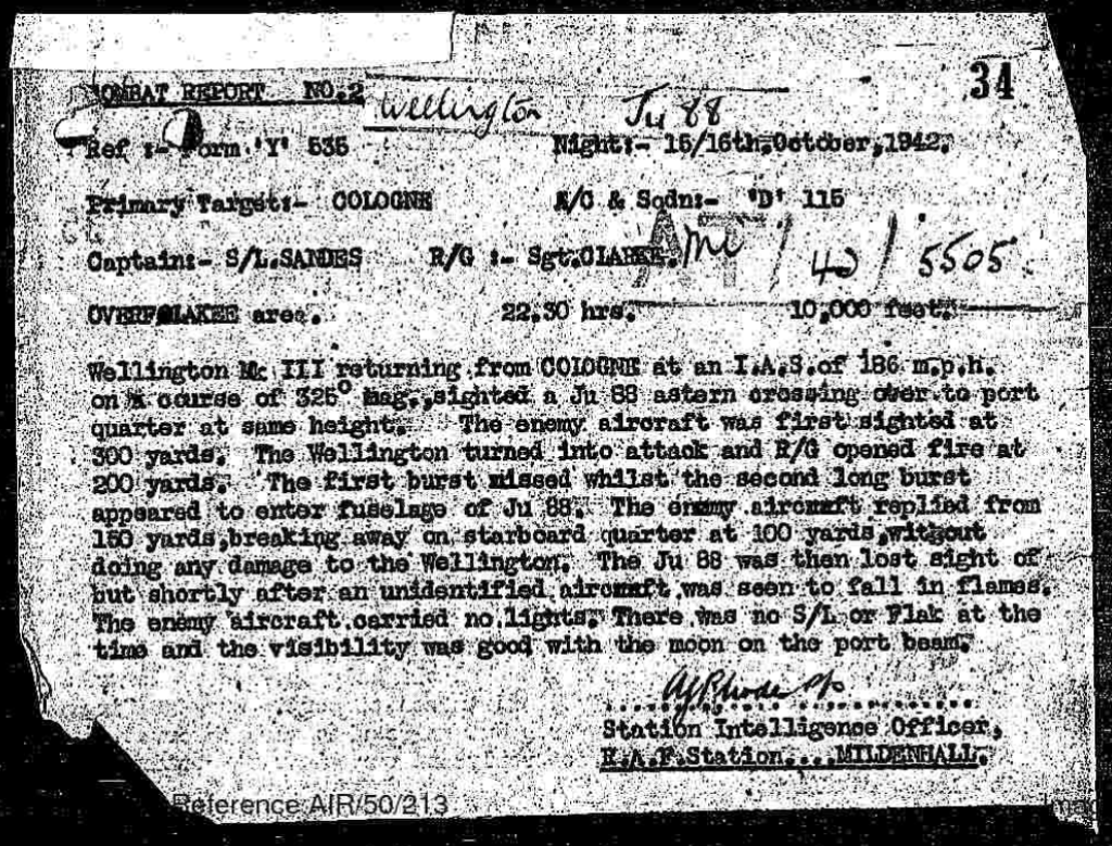 RAF combat report for Terence Lindsay Sandes 