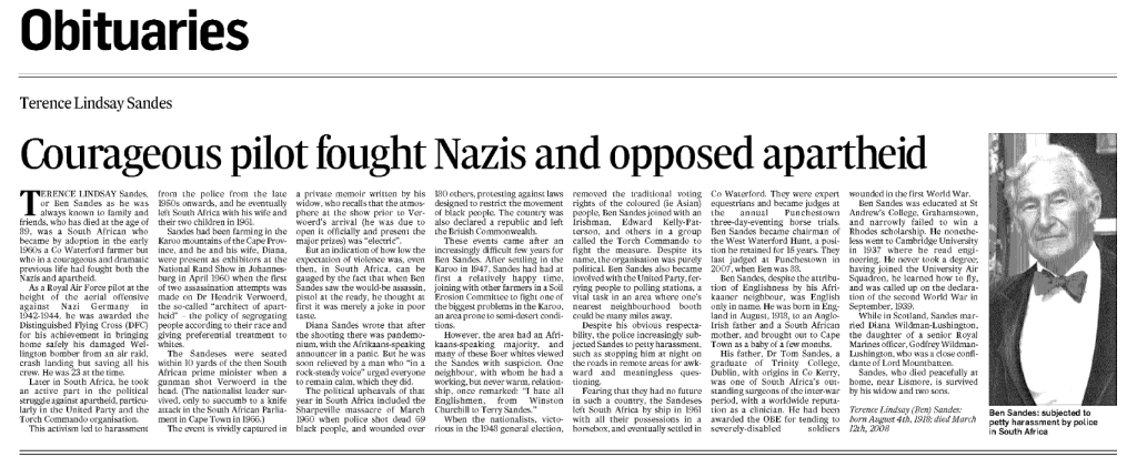 Irish Times obituary for Terence Lindsay Sandes