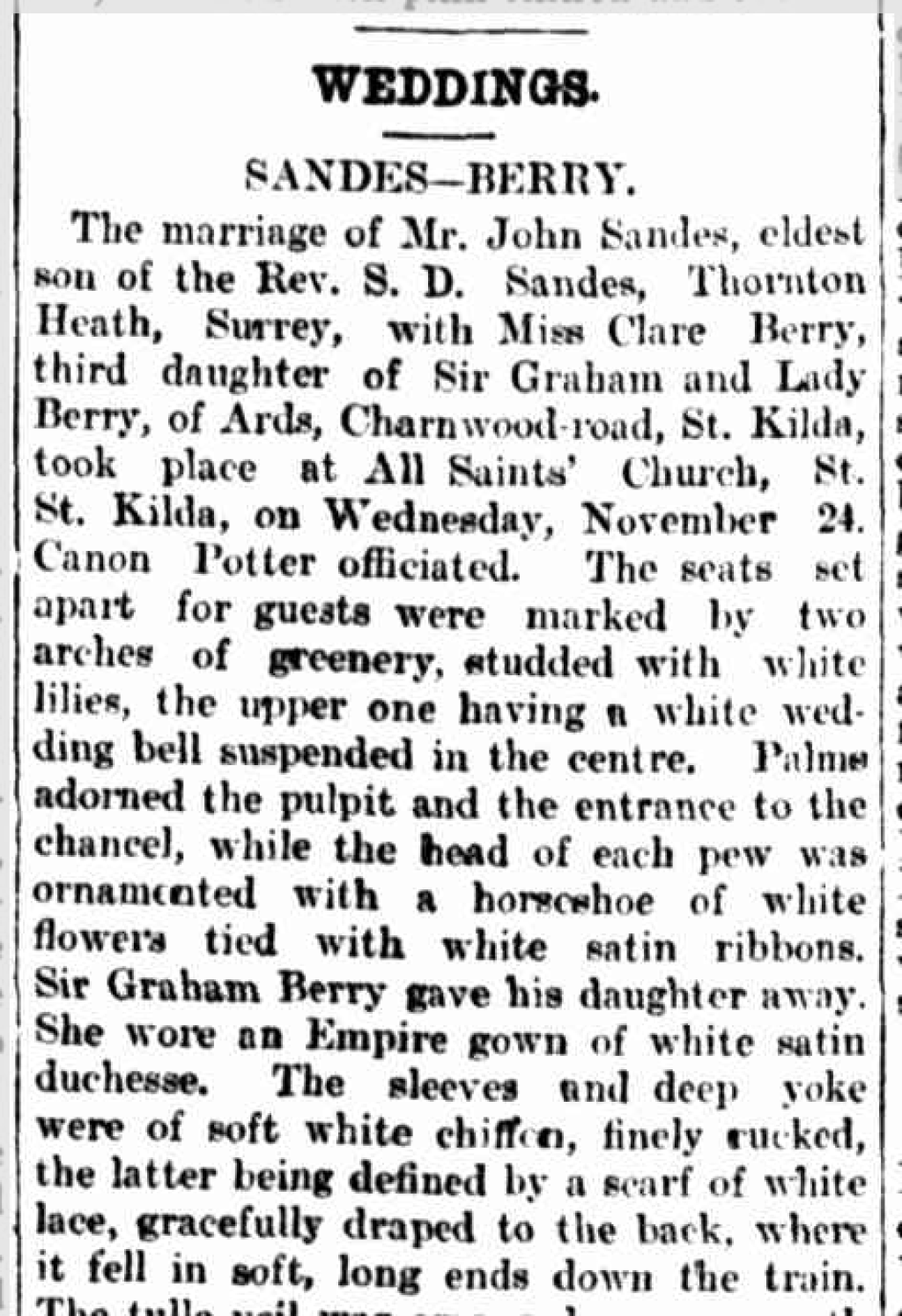 Newspaper clipping - John Sandes and Clare Berry marriage