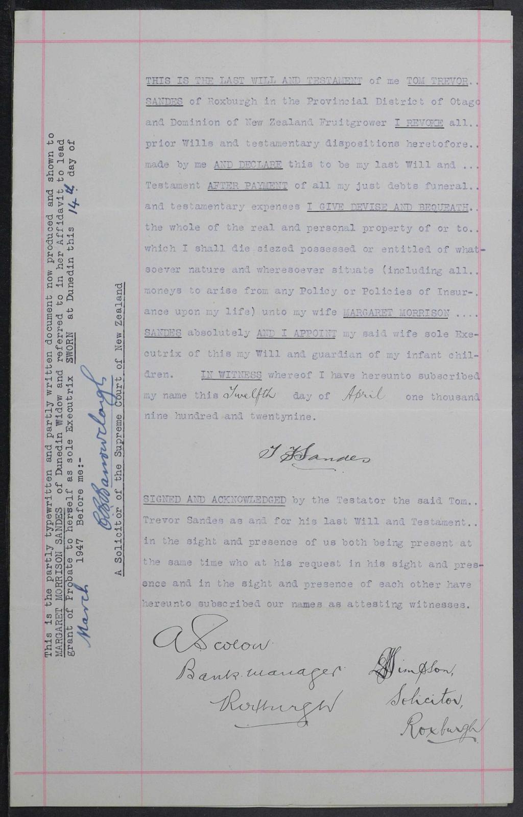 Last will and testament - Tom Trevor Sandes