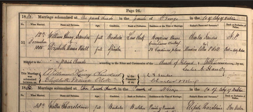 Marriage record for William Henry Sandes and Elizabeth Maura O'Dell