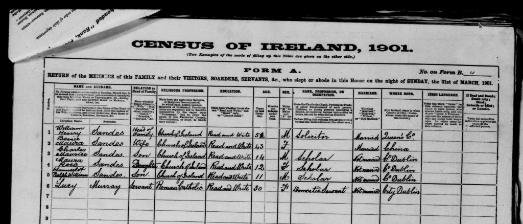 Irish Census 1901 record for William Henry Sandes and household.